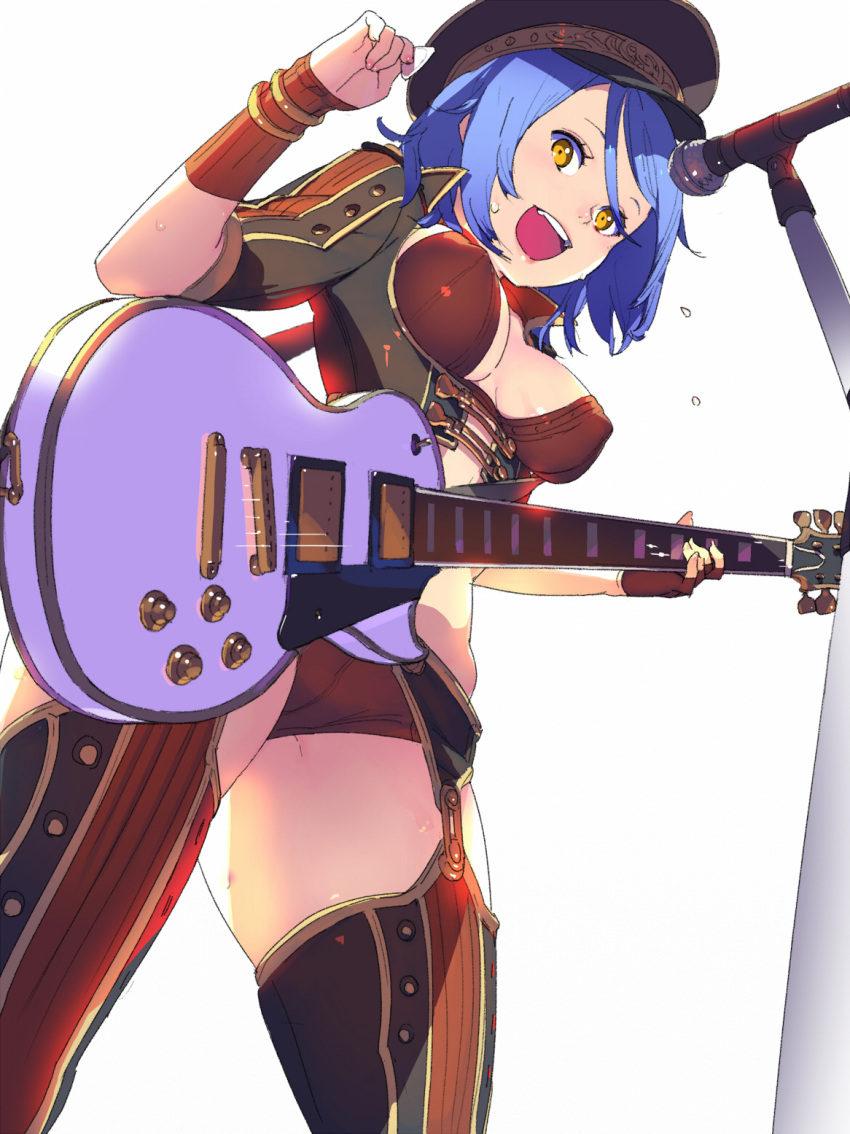 1girl :d black_headwear blue_hair bra bracelet breasts brown_bra brown_panties covered_nipples electric_guitar flying_sweatdrops from_below garter_belt guitar hand_up hat highres hisho_collection holding holding_instrument instrument jewelry les_paul looking_at_viewer looking_down medium_breasts microphone microphone_stand music nagisa_kurousagi open_mouth panties playing_instrument short_hair simple_background smile standing thigh-highs underwear white_background wristband yellow_eyes