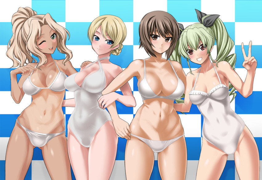 4girls ;d adjusting_bow alternate_hairstyle anchovy_(girls_und_panzer) arm_around_back ass_visible_through_thighs bangs bikini black_ribbon blonde_hair blue_background blue_eyes blush bow braid breasts brown_eyes brown_hair checkered checkered_background closed_mouth commentary_request covered_navel criss-cross_halter darjeeling_(girls_und_panzer) drill_hair frown girls_und_panzer green_hair grin hair_intakes hair_ribbon hair_up halterneck hand_on_another's_shoulder head_tilt kay_(girls_und_panzer) large_breasts leaning_to_the_side locked_arms long_hair looking_at_viewer medium_breasts multi-strapped_bikini multiple_girls navel nishizumi_maho one-piece_swimsuit one_eye_closed open_mouth partial_commentary red_eyes ribbon saitou_gabio short_hair skindentation smile standing swimsuit tan tanline tied_hair trait_connection twin_drills twintails v white_bikini white_swimsuit