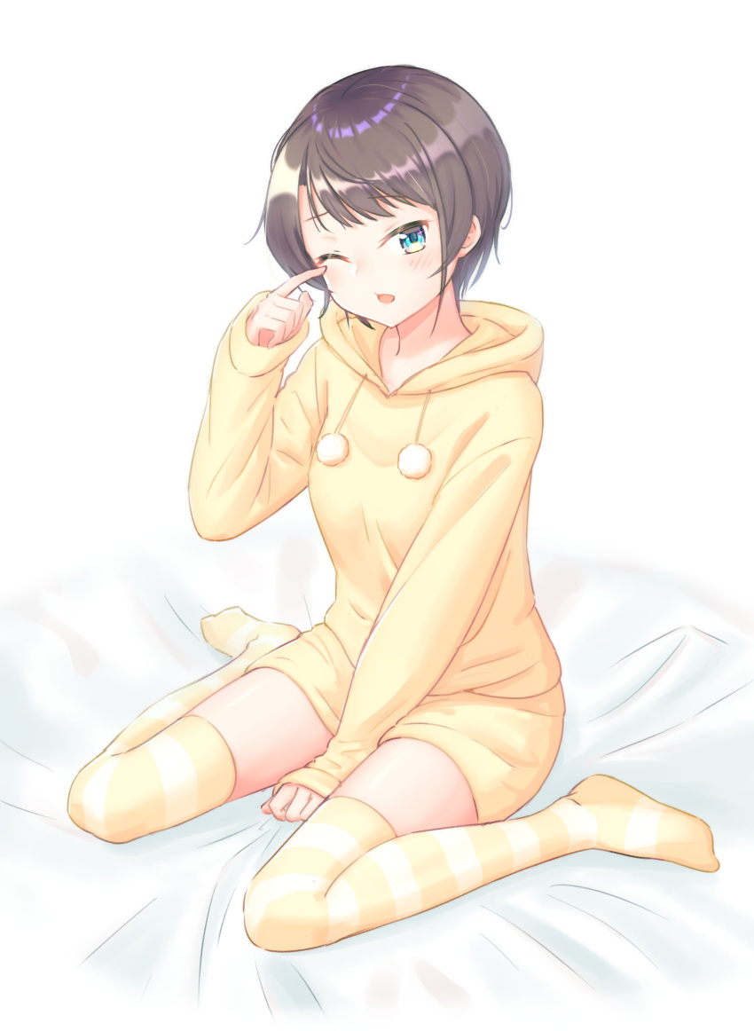 1girl absurdres bangs bed_sheet between_legs blue_eyes blush breasts commentary_request drawstring eyebrows_visible_through_hair full_body hand_between_legs highres hololive hood hood_down hoodie long_sleeves looking_at_viewer medium_breasts nagape on_bed one_eye_closed oozora_subaru open_mouth pom_pom_(clothes) rubbing_eyes short_hair shorts sidelocks simple_background sitting sitting_on_bed sleepy sleeves_past_wrists solo striped striped_legwear thigh-highs virtual_youtuber waking_up wariza white_background yellow_hoodie yellow_legwear yellow_shorts zettai_ryouiki