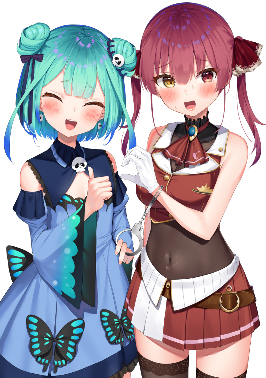 2girls bangs black_legwear blue_dress blue_hair blush bow breasts bug butterfly dress eyebrows_visible_through_hair flat_chest hair_ornament heart heart_hand_thumb_up_duo heart_hands highres hololive houshou_marine insect k_mugura long_hair looking_at_viewer multiple_girls navel open_mouth red_eyes red_skirt redhead ribbon simple_background skirt skull_hair_ornament sleeveless strapless strapless_dress thigh-highs thumbs_up uruha_rushia virtual_youtuber