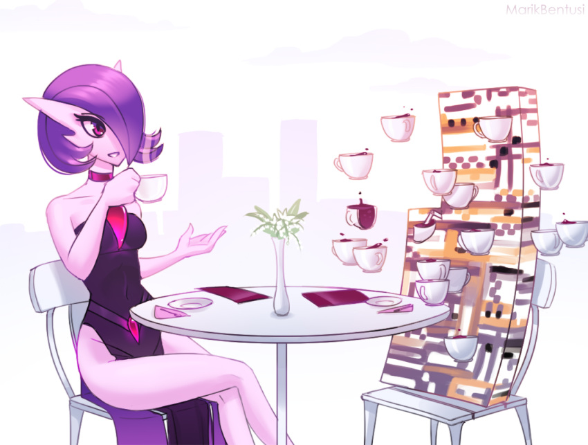 alternate_hair_color chair creature cup dress drinking drinking_straw flower gardevoir gen_3_pokemon holding holding_cup looking_at_another marikbentusi missingno. napkin no_humans plate pokemon pokemon_(creature) purple_dress purple_hair sitting table violet_eyes