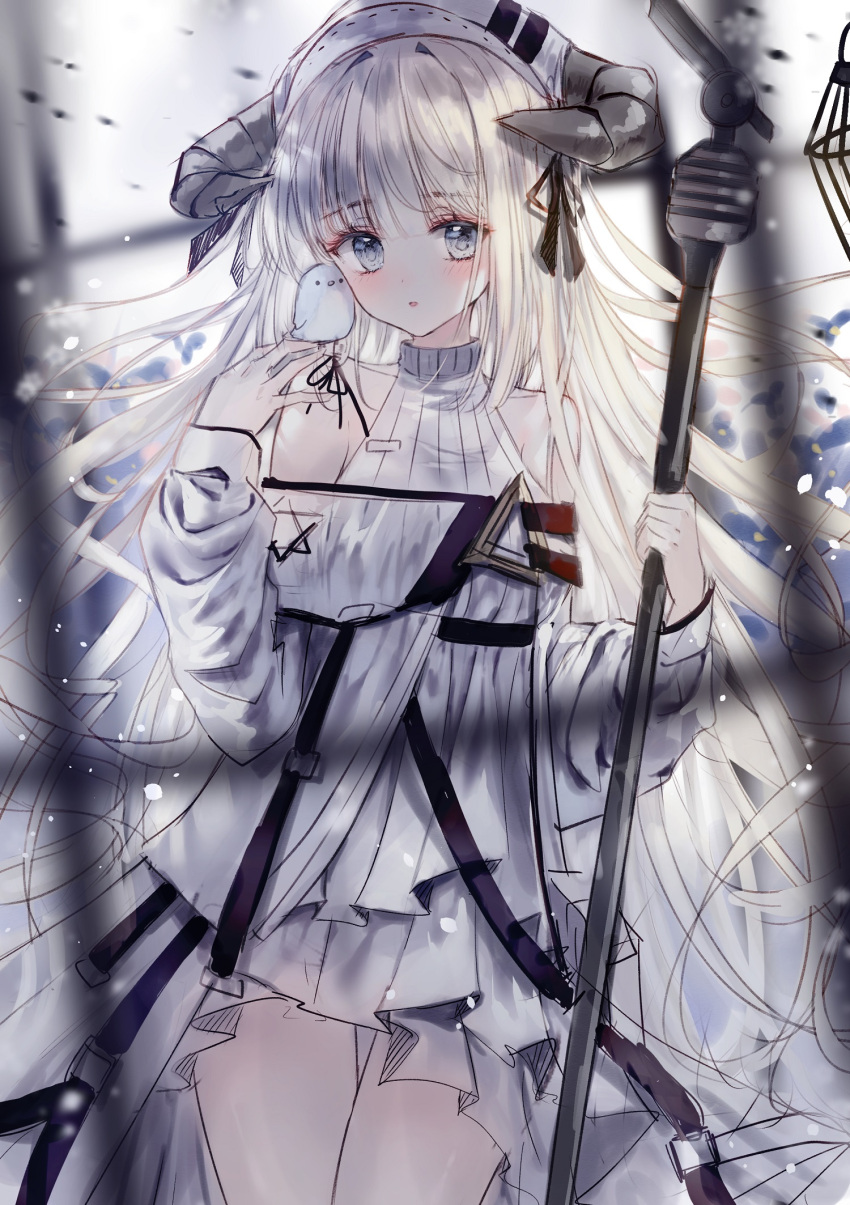 1girl animal arknights bangs bare_shoulders bird black_ribbon blush commentary_request curled_horns dress eyebrows_visible_through_hair grey_eyes grey_hair hair_ribbon hand_up highres holding horns long_hair long_sleeves looking_at_viewer nightingale_(arknights) parted_lips ribbon sleeveless sleeveless_dress sleeves_past_wrists solo tandohark thigh_gap very_long_hair white_dress