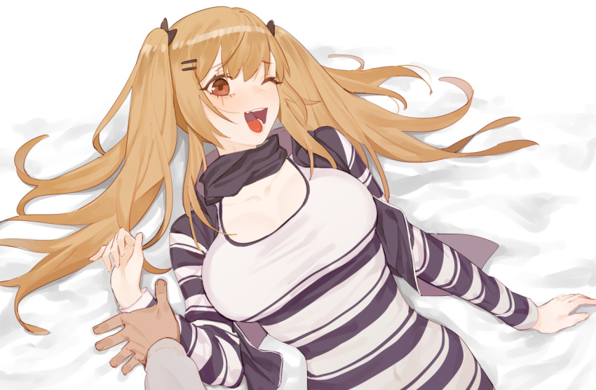 1boy 1girl alternate_costume bangs bed_sheet blush breasts brown_eyes brown_hair collarbone girls_frontline juz large_breasts long_hair long_sleeves looking_at_viewer lying on_back one_eye_closed open_mouth pov pov_hands scar scar_across_eye scarf solo_focus teeth twintails ump9_(girls_frontline)