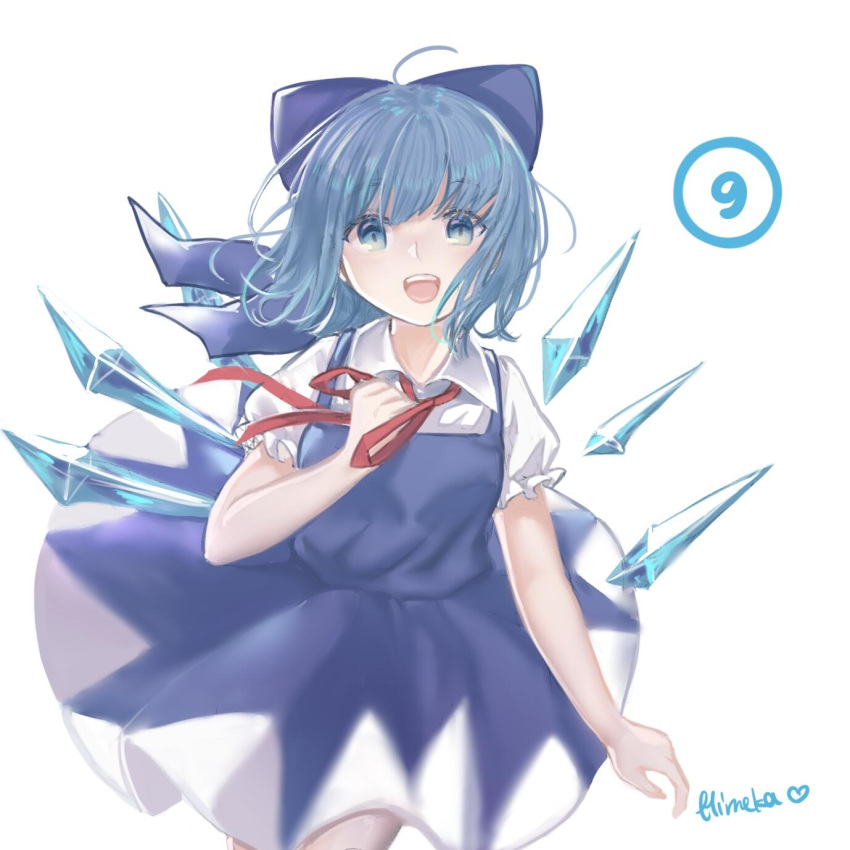 (9) 1girl artist_name bangs blouse blue_dress blue_eyes blue_hair blue_ribbon bow cirno dress dress_shirt hair_bow hand_on_own_chest highres ice ice_wings looking_at_viewer puffy_short_sleeves puffy_sleeves red_bow red_ribbon ribbon shirt short_hair short_sleeves simple_background sly930105 smile touhou white_background white_blouse white_shirt wings