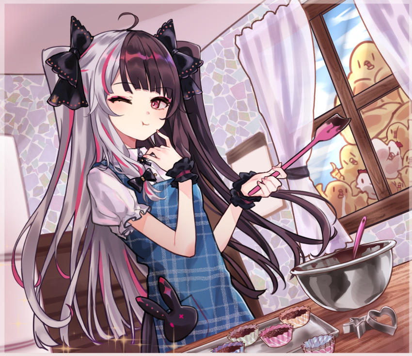 alternate_costume apron bowl chocolate commentary_request cupcake eating food hair_ribbon highres long_hair looking_at_viewer multicolored_hair myomyomyoo nijisanji one_eye_closed ribbon table twintails violet_eyes virtual_youtuber window yorumi_rena