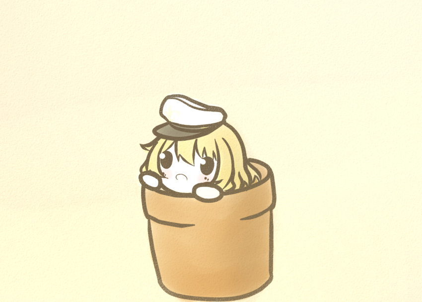 1girl :o beige_background blonde_hair blush chibi flower_knight_girl flower_pot hat in_container koti open_mouth solid_oval_eyes solo white_headwear yuri_(flower_knight_girl)