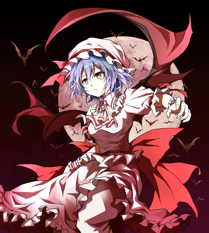 1girl absurdres ascot bat bat_wings blue_hair brooch cowboy_shot dress frilled_shirt frilled_sleeves frills full_moon hat hat_ribbon highres jewelry looking_away mob_cap moon pink_dress puffy_short_sleeves puffy_sleeves remilia_scarlet ribbon ribbon_trim sash shimoda_masaya shirt short_hair short_sleeves touhou wings wrist_cuffs yellow_eyes