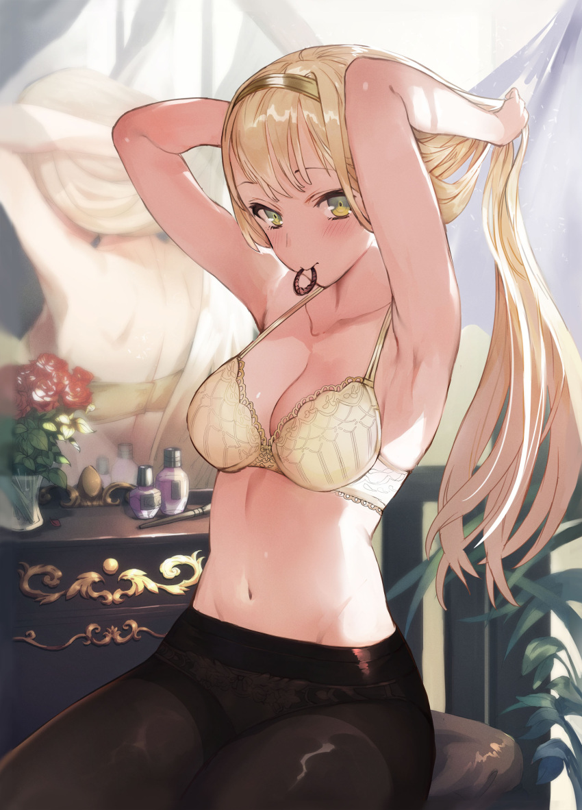 1girl absurdres adjusting_hair armpits arms_up atelier_(series) atelier_ryza blush bra breasts chest_of_drawers day flower green_eyes hair_tie hair_tie_in_mouth highres indoors klaudia_valentz looking_at_viewer makeup_brush medium_breasts midriff mirror mouth_hold navel panties panties_under_pantyhose pantyhose reflection shiny shiny_clothes shiny_legwear sitting toridamono tying_hair underwear waifu2x white_bra