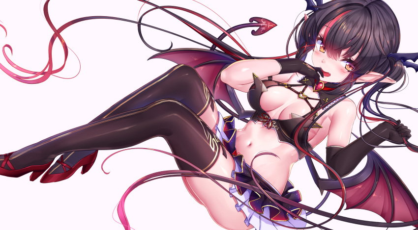1girl :d absurdly_long_hair absurdres akasaai ass asymmetrical_gloves bare_shoulders black_gloves black_hair breasts breasts_apart brooch brown_eyes brown_legwear commentary_request crop_top demon_girl demon_tail demon_wings elbow_gloves fang gloves hair_ornament hands_up high_heels highres jewelry layered_skirt long_hair looking_at_viewer lovelia medium_breasts midriff miniskirt multicolored_hair navel official_art open_mouth plantar_flexion pleated_skirt pointy_ears red_footwear revealing_clothes simple_background skirt sleeveless smile solo stomach streaked_hair succubus tail thigh-highs thighs troubledays very_long_hair white_background wings