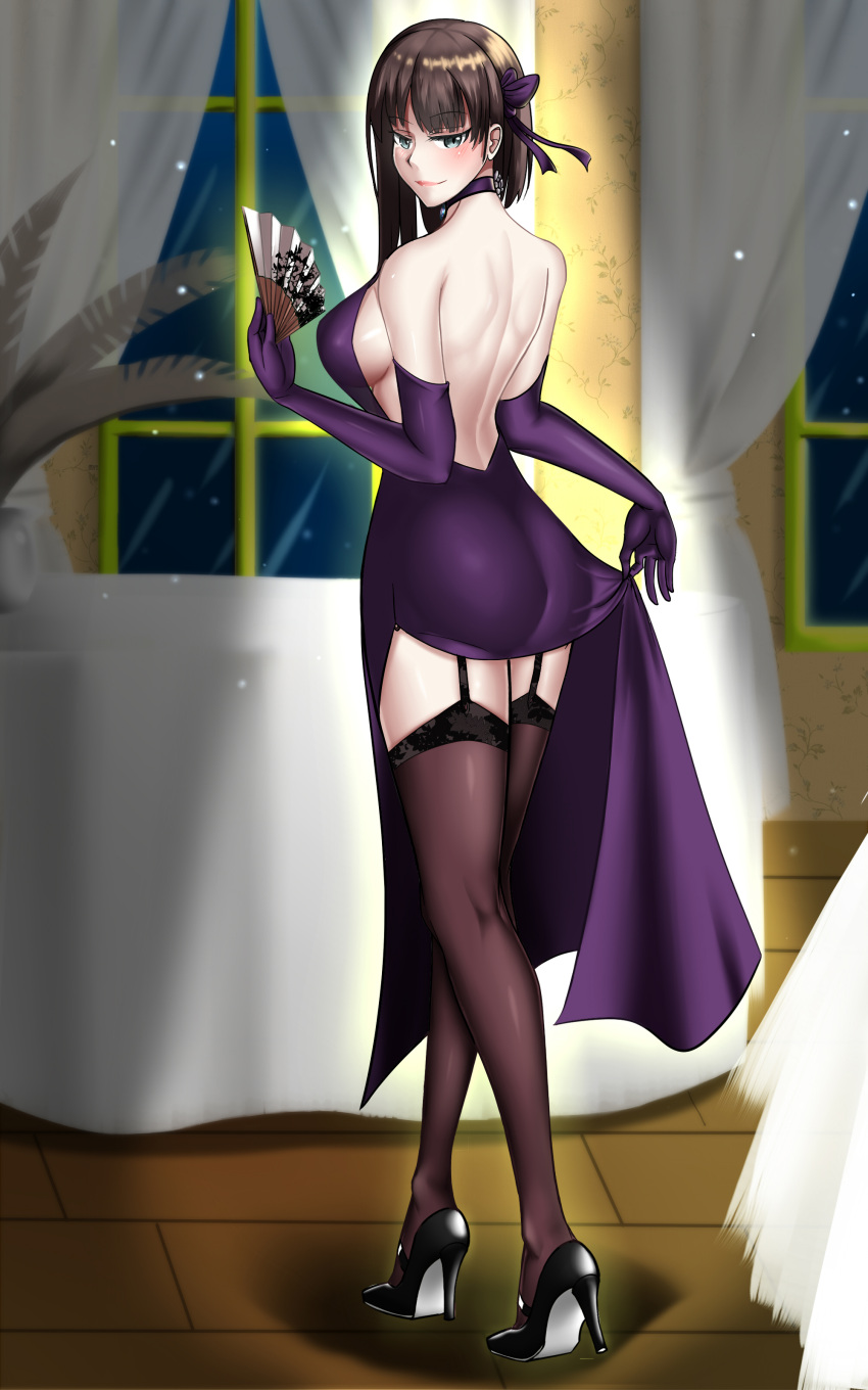 absurdres bare_shoulders black_legwear breast_expansion breasts dress garter_belt green_eyes high_heels highres large_breasts purple_dress short_hair warship_girls_r wisconsin_(warship_girls_r) xian_ting_xinbu