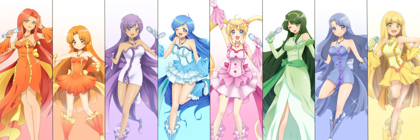 6+girls absurdres ahoge arm_up bangs bare_shoulders beautiful_witch_sakuran blonde_hair blue_background blue_dress blue_eyes blue_footwear blue_gloves blue_hair blunt_bangs caren_(mermaid_melody_pichi_pichi_pitch) coco_(mermaid_melody_pichi_pichi_pitch) commentary_request dress drill_hair elbow_gloves eyebrows_visible_through_hair frilled_dress frills full_body gloves gradient gradient_background green_background green_dress green_eyes green_gloves green_hair hair_intakes hair_ornament hairband hand_on_hip highres houshou_hanon idol jewelry lips long_hair looking_at_viewer mermaid_melody_pichi_pichi_pitch microphone multiple_girls nanami_lucia necklace noel_(mermaid_melody_pichi_pichi_pitch) one_eye_closed orange_background orange_dress orange_eyes orange_footwear orange_gloves orange_hair pink_background pink_dress pink_footwear pink_gloves purple_background purple_hair sandals sara_(mermaid_melody_pichi_pichi_pitch) seira_(mermaid_melody_pichi_pichi_pitch) short_dress signature simple_background slippers smile sparkle split_theme standing star star_hair_ornament swept_bangs tan touin_rina turtleneck twintails violet_eyes wavy_hair white_background white_dress white_footwear white_gloves yellow_background yellow_dress yellow_eyes yellow_footwear yellow_gloves