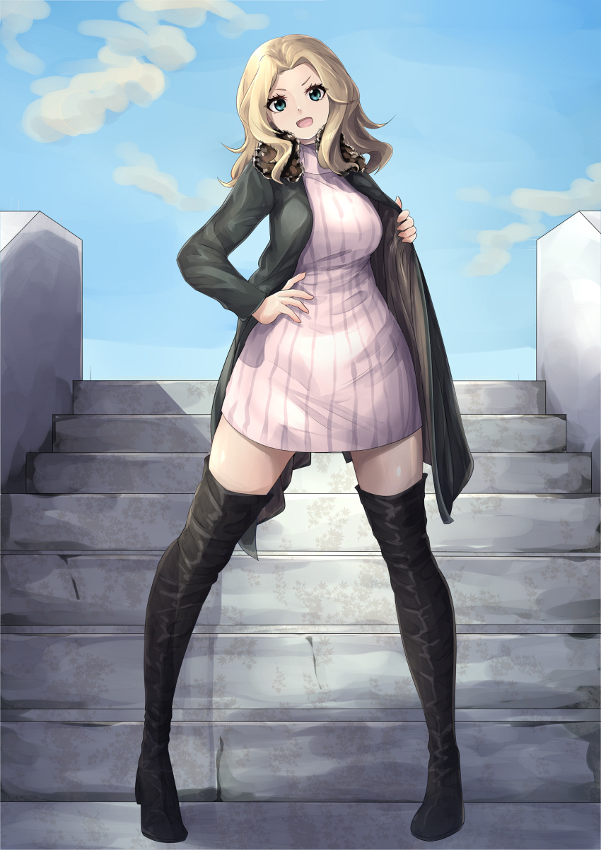 1girl black_coat black_footwear blonde_hair blue_eyes blue_sky boots casual clouds cloudy_sky coat commentary day dress full_body girls_und_panzer hair_intakes hand_on_hip highres kakimoto_nao kay_(girls_und_panzer) long_hair looking_at_viewer open_clothes open_coat open_mouth opened_by_self outdoors ribbed_dress short_dress sky smile solo stairs standing thigh-highs thigh_boots white_dress