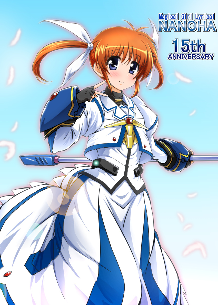 1girl anniversary antenna_hair black_gloves blush brown_hair diesel-turbo dress feathers fingerless_gloves gloves highres long_sleeves looking_at_viewer lyrical_nanoha magical_girl mahou_shoujo_lyrical_nanoha puffy_sleeves raising_heart short_hair short_twintails simple_background smile solo takamachi_nanoha twintails v violet_eyes white_dress