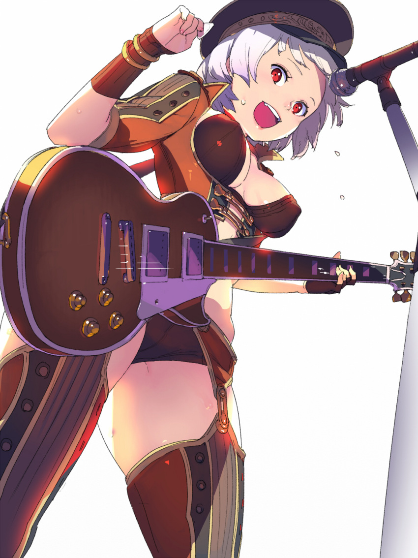 1girl :d black_headwear bra bracelet breasts brown_bra brown_panties covered_nipples electric_guitar flying_sweatdrops from_below garter_belt guitar hand_up hat highres hisho_collection holding holding_instrument instrument jewelry les_paul looking_at_viewer looking_down medium_breasts microphone microphone_stand music nagisa_kurousagi open_mouth panties playing_instrument red_eyes short_hair simple_background smile standing thigh-highs underwear white_background white_hair wristband