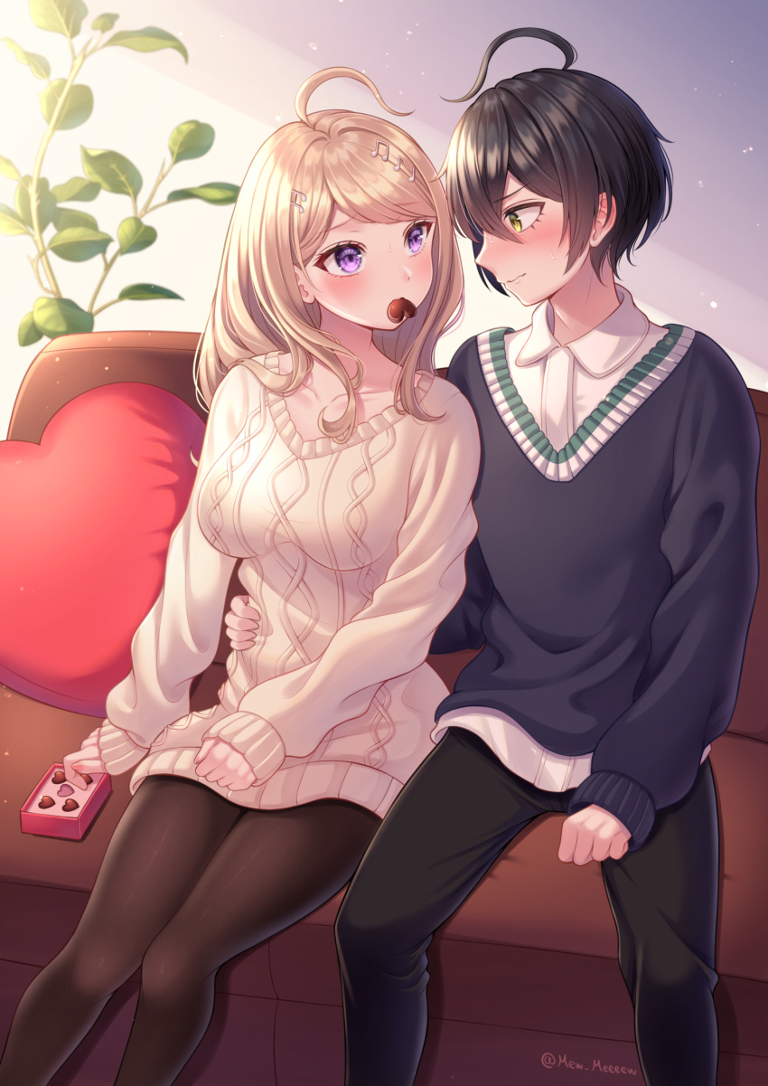 1boy 1girl ahoge akamatsu_kaede artist_name bangs beige_sweater black_hair black_legwear black_swimsuit blonde_hair blush breasts candy chocolate chocolate_heart collarbone commentary couch dangan_ronpa eyebrows_visible_through_hair food heart heart_pillow highres in_mouth indoors large_breasts long_hair looking_at_another musical_note musical_note_hair_ornament nabekokoa new_dangan_ronpa_v3 on_couch pants pantyhose pillow saihara_shuuichi shirt sitting sleeves_past_wrists smile sweater swimsuit violet_eyes white_shirt