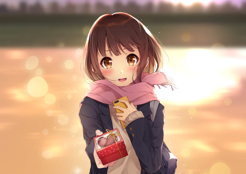 1girl bag bangs black_jacket blue_bag blurry blurry_background blush bon_(bonbon315) box brown_eyes brown_hair candy chocolate chocolate_heart commentary_request copyright_request eyebrows_visible_through_hair food grey_scarf heart holding holding_bag holding_box holding_phone jacket looking_at_viewer official_art open_mouth outdoors phone scarf short_hair solo valentine