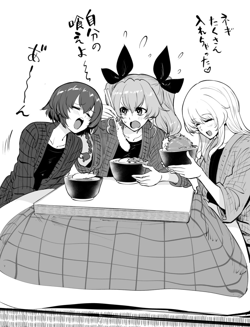 3girls anchovy_(girls_und_panzer) bangs bonkara_(sokuseki_maou) bowl braid carpaccio_(girls_und_panzer) chopsticks closed_eyes commentary drill_hair eating flying_sweatdrops food frown girls_und_panzer greyscale hair_ribbon hanten_(clothes) highres holding holding_bowl holding_chopsticks kotatsu leaning_to_the_side long_hair long_sleeves looking_at_another monochrome motion_lines multiple_girls noodles on_floor open_mouth pepperoni_(girls_und_panzer) ribbon short_hair side_braid sitting smile soba sweatdrop table tatami translated twin_drills twintails v-shaped_eyebrows