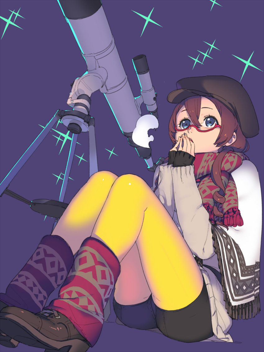 1girl beret bike_shorts black_headwear blanket blue_eyes breath brown_footwear brown_hair dutch_angle glasses hair_between_eyes hat highres hisho_collection leg_warmers legs_together long_sleeves looking_up nagisa_kurousagi own_hands_together pantyhose purple_background red-framed_eyewear red_scarf scarf semi-rimless_eyewear shoes short_hair simple_background sitting sleeves_past_wrists solo star sweater telescope under-rim_eyewear yellow_legwear