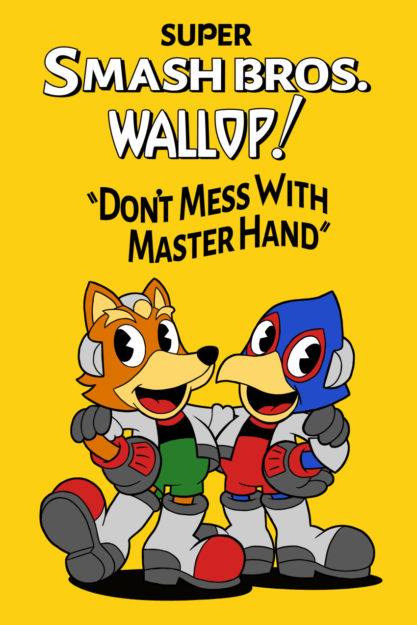 2boys absurdres animal animal_ears bird black_eyes boots crossover cuphead_(game) daniel_bernal english_text falco_lombardi falcon fox fox_ears fox_mccloud furry gloves happy highres jacket looking_at_viewer mammal md5_mismatch multiple_boys namco nintendo nintendo_ead no_humans open_mouth parody poster q-games rareware resized simple_background smile sora_(company) star_fox studiomdhr style_parody super_smash_bros. super_smash_bros_melee ub_iwerks_(style) ubisoft upscaled yellow_background