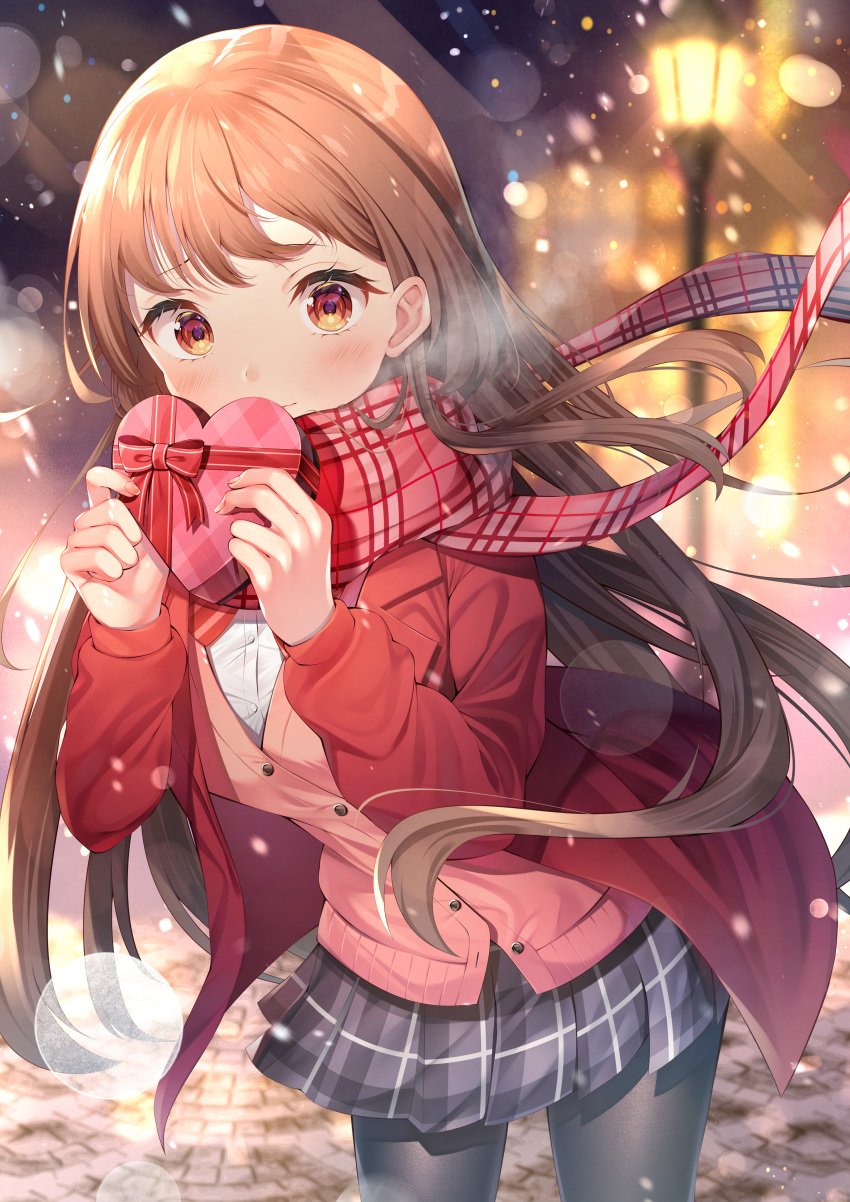 1girl absurdres bangs black_legwear black_skirt blurry blurry_background blush brown_eyes brown_jacket commentary_request eyebrows_visible_through_hair heart highres holding jacket looking_at_viewer nari_(narikashi) original outdoors pantyhose pleated_skirt red_jacket red_scarf scarf shirt skirt smile snow solo valentine white_shirt