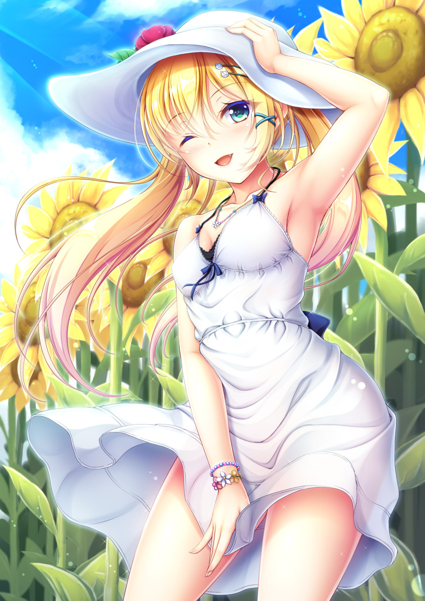 1girl :d aqua_eyes bangs blonde_hair blue_sky bow bracelet breasts clouds day dress eyebrows_visible_through_hair fang flower hair_blowing hair_ribbon hat hat_ornament highres hiro_(hirohiro31) holding_head jewelry legs light_rays long_hair moe2020 one_eye_closed open_mouth original outdoors ribbon sky small_breasts smile standing sun_hat sunflower white_dress wind wind_lift