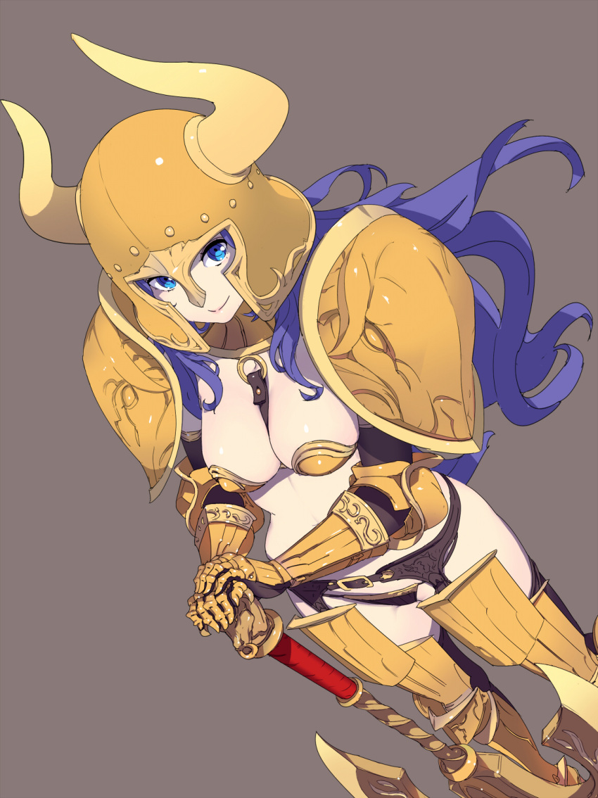 1girl armor axe battle_axe bikini_armor black_gloves black_legwear blue_eyes blue_hair breasts closed_mouth dutch_angle elbow_gloves feet_out_of_frame floating_hair garter_belt gauntlets gloves grey_background hands_on_hilt helmet highres hisho_collection horned_helmet horns large_breasts looking_at_viewer metal_boots nagisa_kurousagi pauldrons simple_background smile solo standing thigh-highs weapon