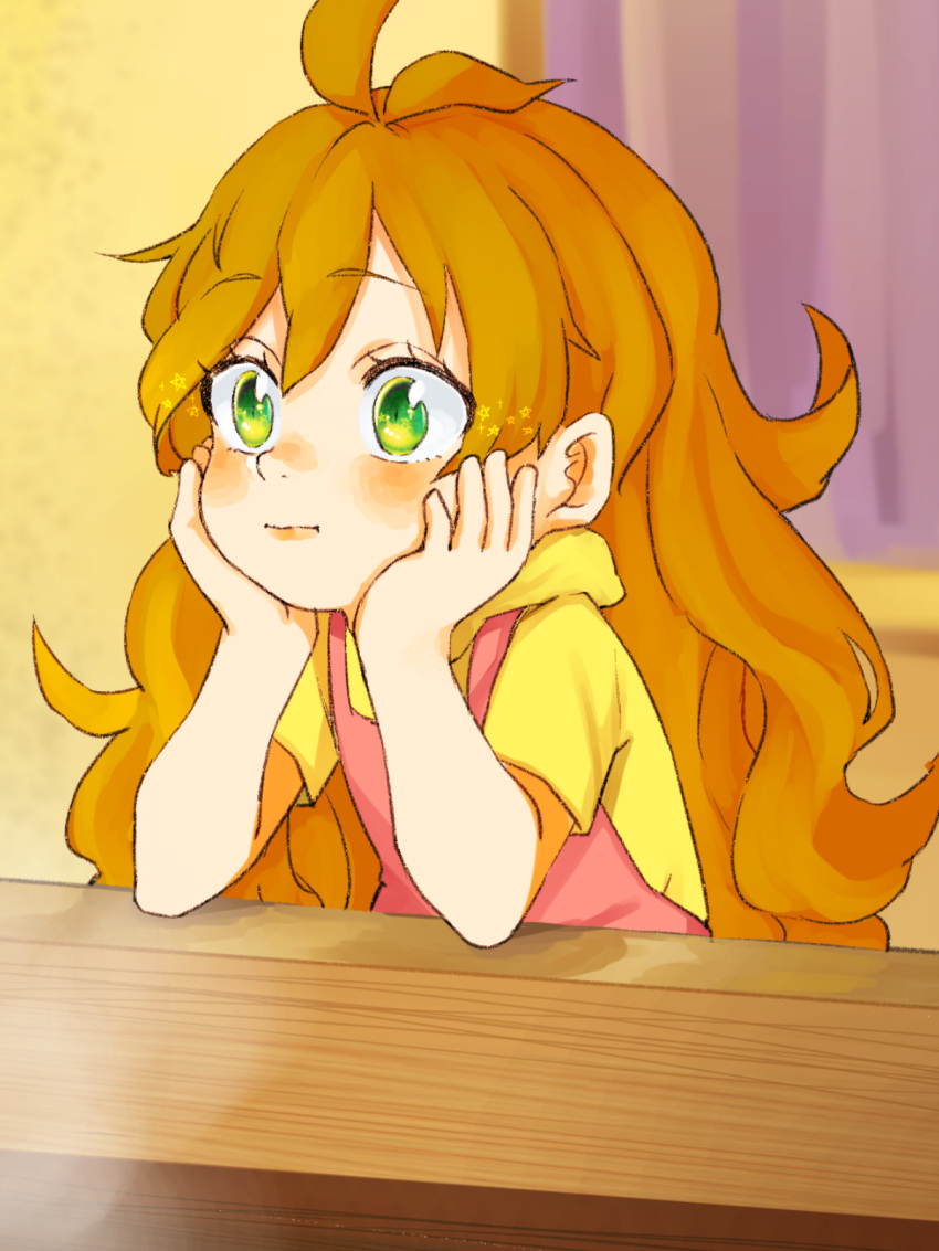 +_+ 1girl ahoge amaama_to_inazuma blurry blurry_background blush brown_hair child closed_mouth curly_hair curtains elbow_rest expressionless eyebrows_visible_through_hair eyelashes eyes_visible_through_hair furrowed_eyebrows green_eyes hands_on_own_cheeks hands_on_own_face highres hood hood_down hoodie indoors inuzuka_tsumugi long_hair looking_away overalls pink_overalls short_sleeves solo star table wakame_deyusa wide-eyed yellow_hoodie