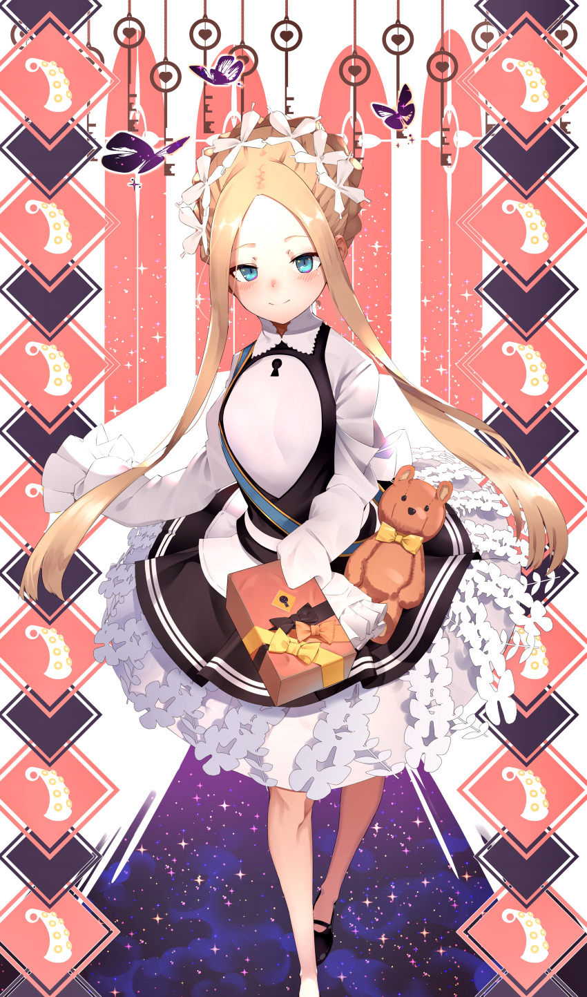 1girl abigail_williams_(fate/grand_order) absurdres bangs black_footwear black_skirt blonde_hair blue_eyes blush box braid breasts bug butterfly closed_mouth dress fate/grand_order fate_(series) forehead french_braid full_body gift gift_box heroic_spirit_festival_outfit highres insect keyhole legs long_hair long_sleeves looking_at_viewer maid_headdress parted_bangs pink_background sash shiro_ami sidelocks skirt sleeves_past_fingers sleeves_past_wrists small_breasts smile solo space sparkle star_(sky) striped striped_background stuffed_animal stuffed_toy teddy_bear two-tone_background valentine white_background white_dress