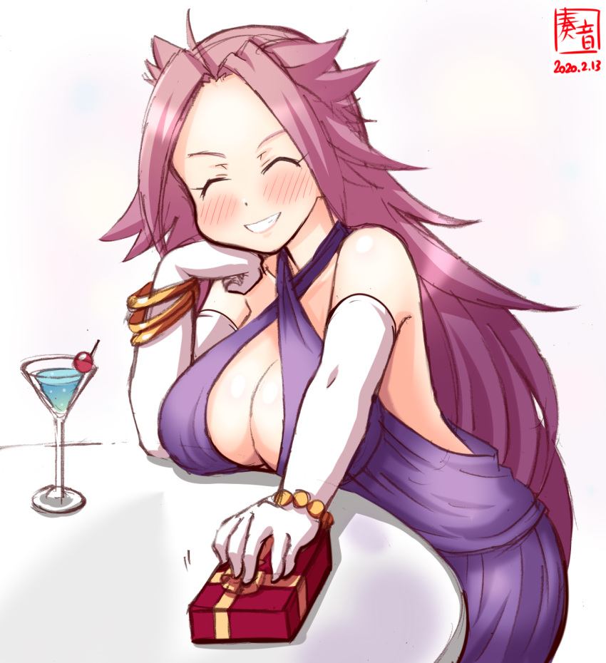 1girl alternate_costume artist_logo box breast_rest breasts cleavage_cutout closed_eyes commentary_request dated dress facing_viewer gift grin highres jun'you_(kantai_collection) kanon_(kurogane_knights) kantai_collection large_breasts long_hair purple_dress purple_hair simple_background smile solo spiky_hair table white_background