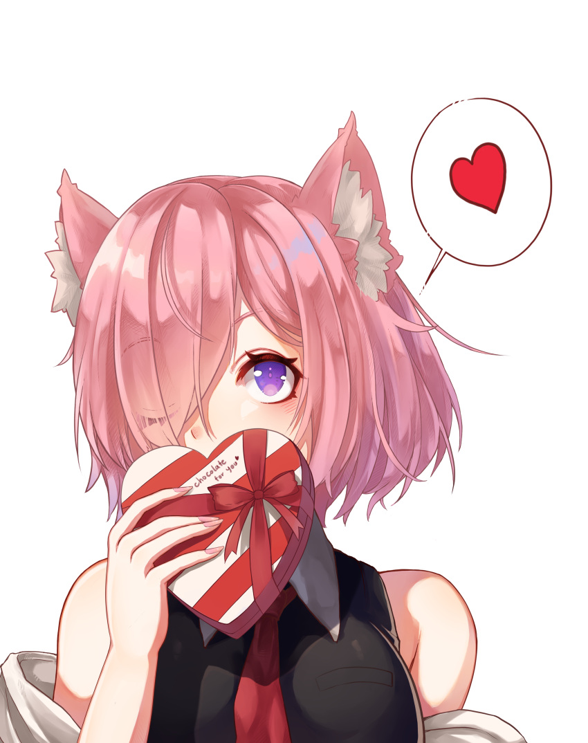 1girl absurdres animal_ear_fluff animal_ears bangs bare_shoulders black_dress breasts cat_ears commentary dress eyebrows_visible_through_hair fate/grand_order fate_(series) heart highres holding jacket kishita_yuu large_breasts mash_kyrielight necktie red_neckwear red_ribbon ribbon simple_background solo valentine violet_eyes white_background white_jacket