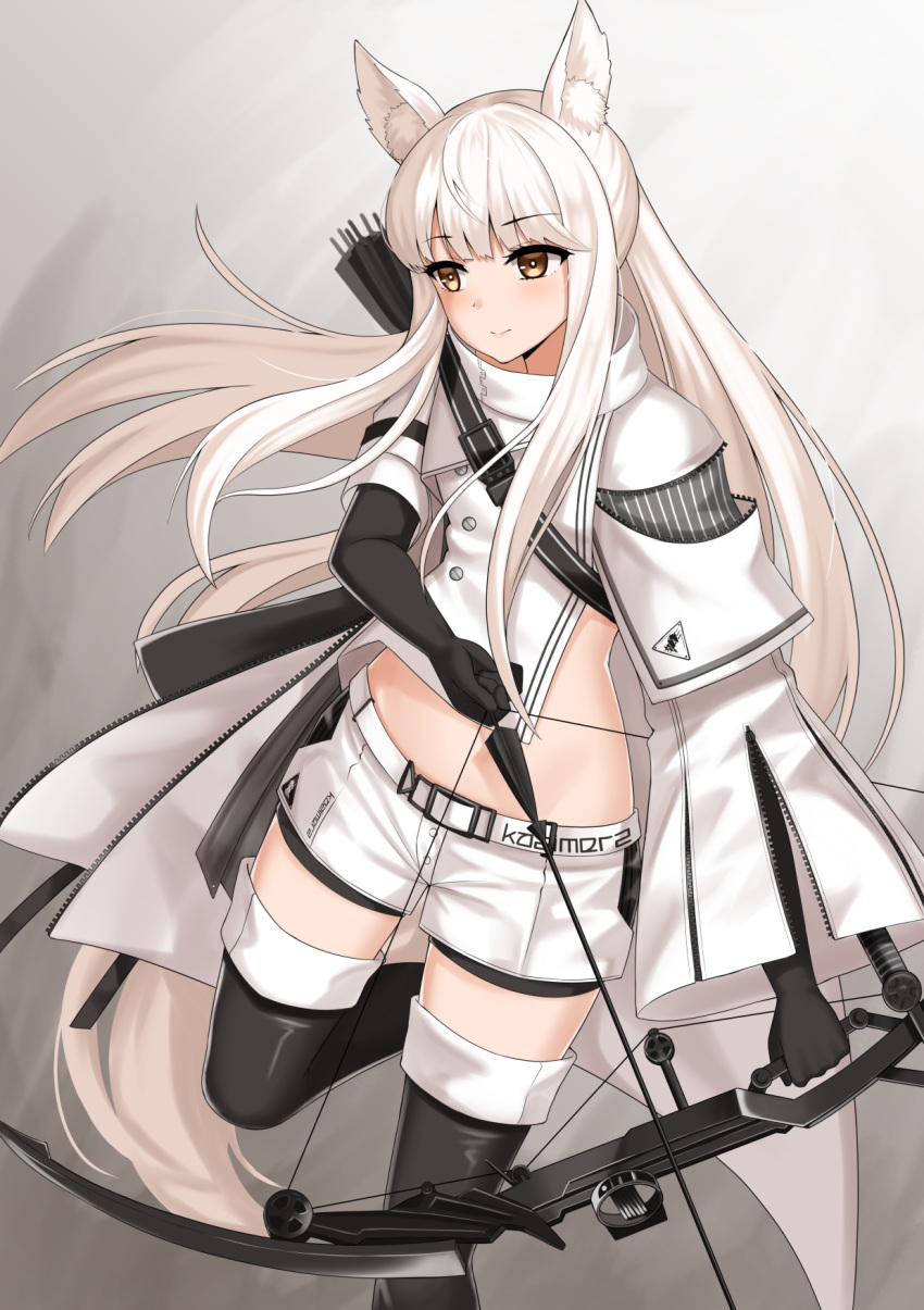 1girl animal_ear_fluff animal_ears arknights arrow asymmetrical_sleeves black_footwear black_gloves boots bow_(weapon) brown_eyes commentary compound_bow crop_top drawing_bow elbow_gloves expressionless floating_hair gloves highres horse_ears horse_tail kurisu-kun leg_up long_hair long_sleeves looking_away midriff platinum_(arknights) short_shorts shorts solo strap tail thigh-highs thigh_boots very_long_hair weapon white_coat white_hair white_shorts zipper