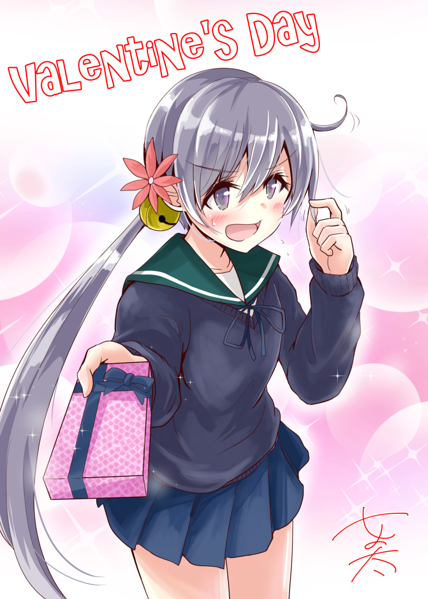 1girl akebono_(kantai_collection) bell blue_skirt blush box commentary_request eyebrows_visible_through_hair flower gift gift_box hair_bell hair_between_eyes hair_flower hair_ornament highres holding holding_gift holding_hair kantai_collection long_hair looking_at_viewer nyonyonba_tarou open_mouth plaid plaid_skirt purple_hair purple_sweater sailor_collar side_ponytail signature skirt solo sparkle sparkle_background sweatdrop sweater valentine very_long_hair violet_eyes white_serafuku