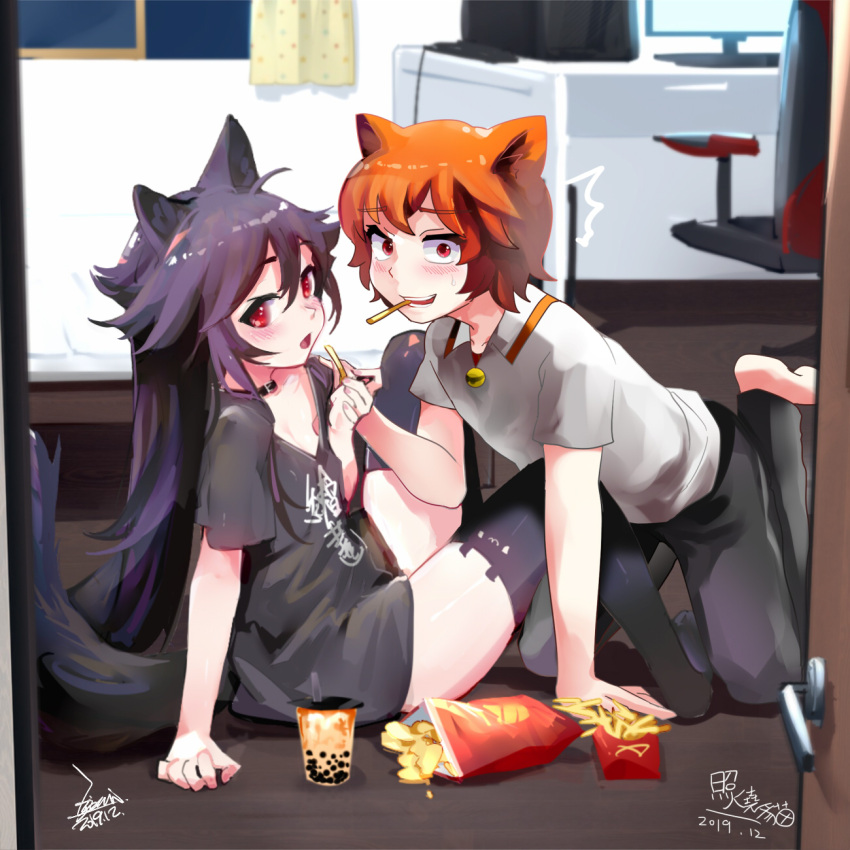 1boy 1girl animal_ears black_hair black_legwear chair chips commentary_request cup curtains desk drinking_straw ejami ekko_(ejami) food fox_ears fox_girl fox_tail french_fries highres monitor mouth_hold no_pants office_chair orange_hair original pants red_eyes sitting_on_ground surprised sweatdrop tail thigh-highs window