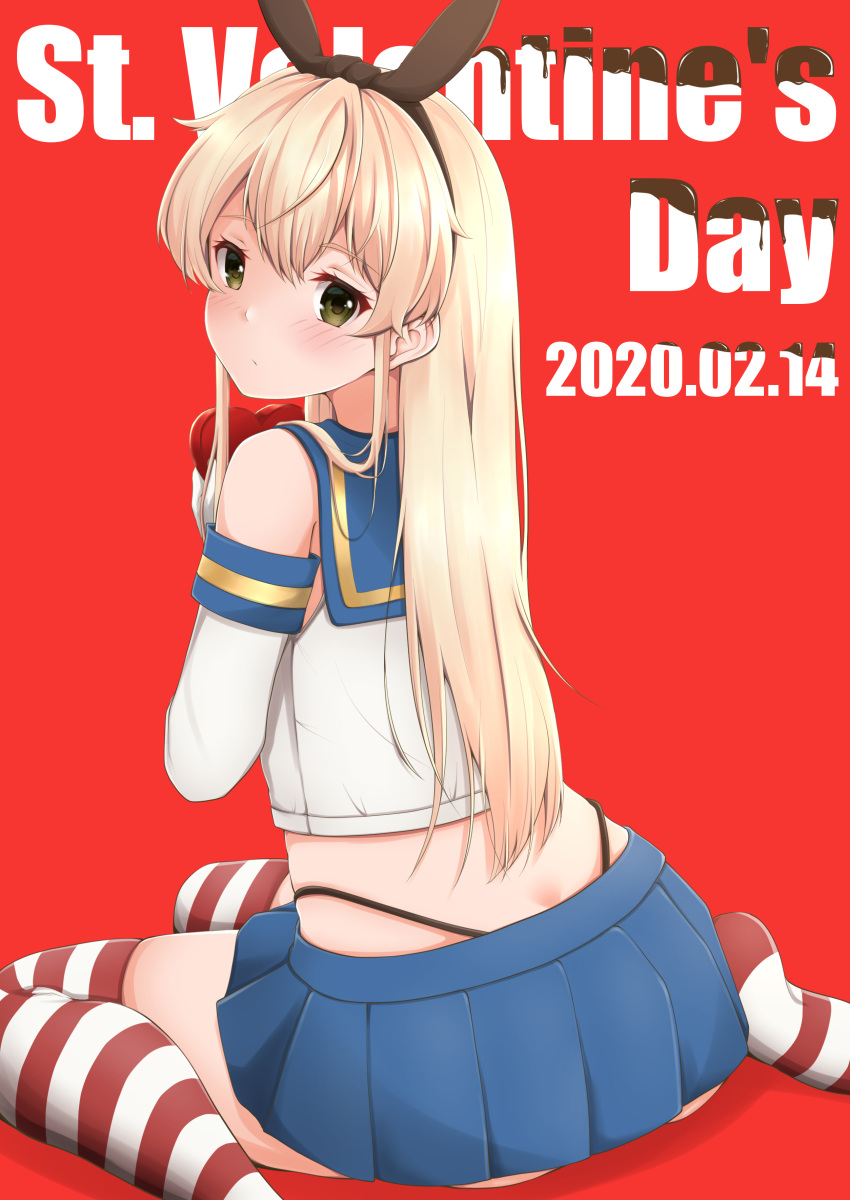 1girl absurdres anchor anchor_hair_ornament ass black_hairband blonde_hair blue_sailor_collar blush candy chocolate chocolate_heart crop_top dated elbow_gloves eyebrows_visible_through_hair food gloves grey_eyes hair_between_eyes hair_ornament hairband happy_valentine heart highleg highleg_panties highres holding kantai_collection long_hair looking_at_viewer looking_back microskirt miniskirt panties red_background sailor_collar school_uniform serafuku shimakaze_(kantai_collection) sitting skirt solo striped striped_legwear thigh-highs tonbury underwear valentine wariza white_gloves