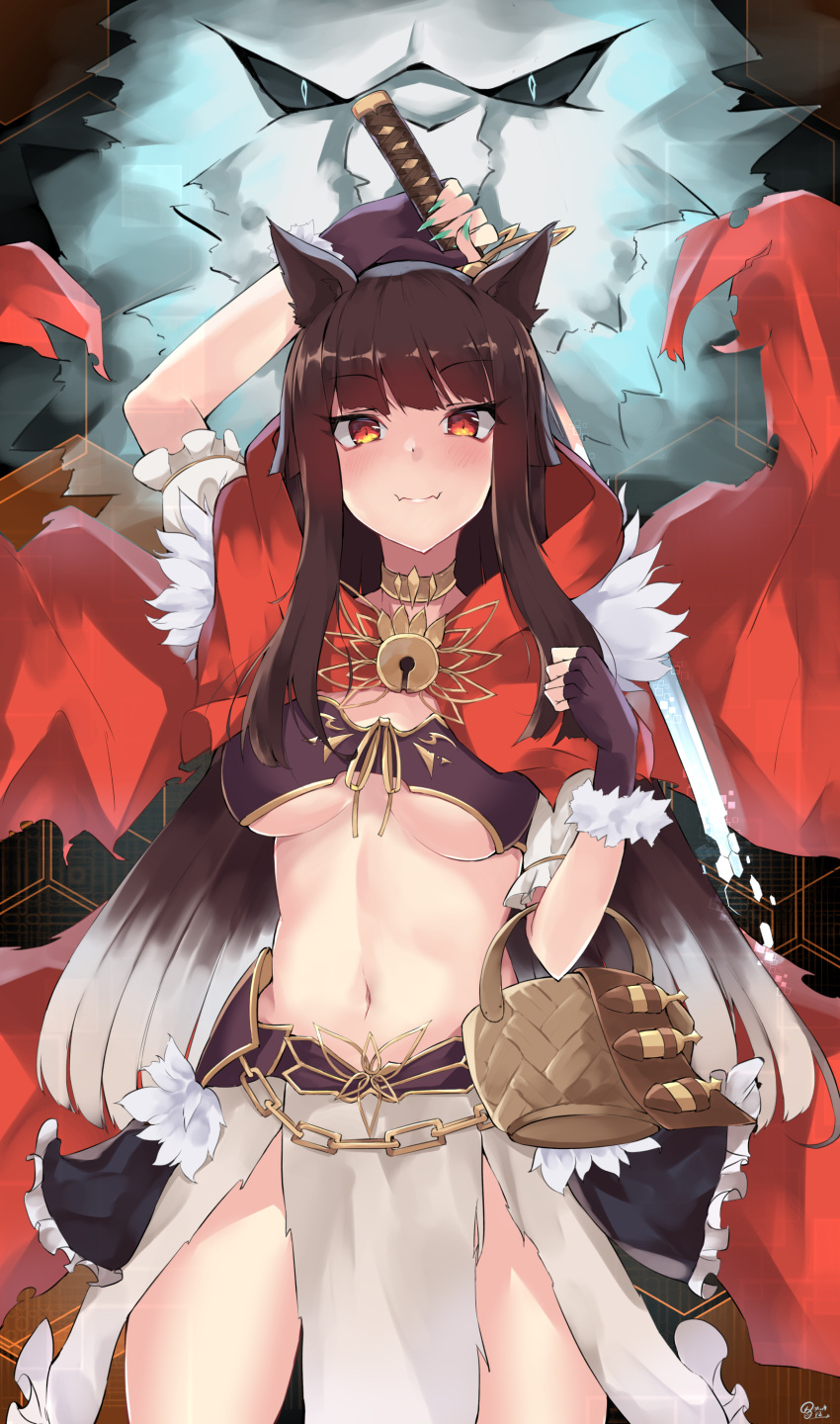 1girl absurdres animal_ears arm_up breasts brown_hair cape choker cowboy_shot crop_top fangs fur_trim gold_trim gradient_hair hand_up highres holding holding_sword holding_weapon k-doku kureha_(sound_voltex) little_red_riding_hood lock long_hair looking_at_viewer medium_breasts midriff multicolored_hair navel padlock pelvic_curtain picnic_basket red_eyes short_sleeves smile solo sound_voltex stomach sword thighs under_boob very_long_hair weapon wolf_ears