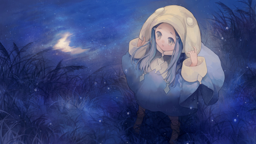 1girl :o animal_hood beige_headwear blue_hair blue_raincoat brown_footwear child commentary_request dog_hood duel_monster evening_crescent_&amp;_autumn_shower forehead from_above full_body grass grey_eyes hair_ornament hairclip hat highres holding holding_hat hood long_hair long_sleeves looking_to_the_side night no.18 rain raincoat reflection shoes sidelocks solo standing tears water water_drop yuu-gi-ou