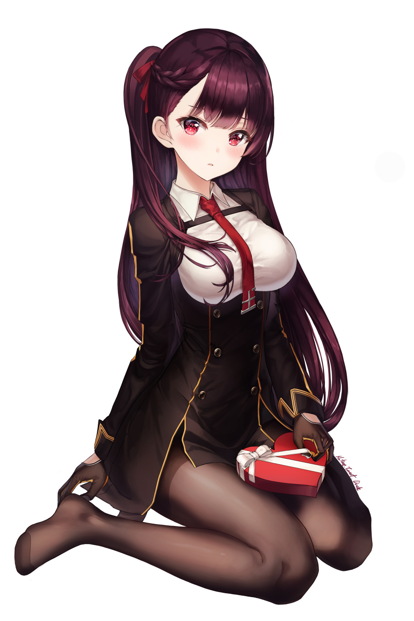 1girl absurdres arm_at_side artist_name bangs black_dress blush bow box braid breasts brown_gloves brown_legwear collared_dress commentary double-breasted dress eyebrows_visible_through_hair full_body gift gift_box girls_frontline gloves hair_ribbon heart-shaped_box highres large_breasts long_hair long_sleeves looking_at_viewer necktie no_shoes one_side_up pantyhose parted_lips purple_hair red_eyes red_neckwear red_ribbon ribbon simple_background sitting solo straight_hair torrentduck underbust valentine very_long_hair wa2000_(girls_frontline) wariza white_background white_bow