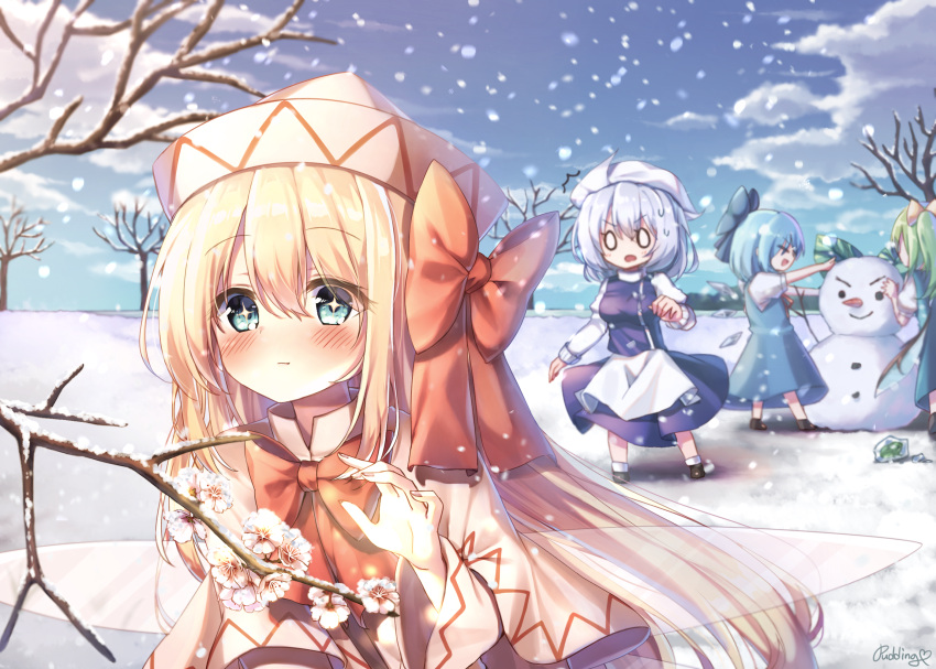 +_+ 4girls :d apron artist_name bangs bare_tree black_footwear blonde_hair blue_bow blue_dress blue_eyes blue_hair blue_skirt blue_sky blue_vest blush bow bowtie branch cirno clouds commentary_request daiyousei day dress eyebrows_visible_through_hair fairy_wings flower from_side green_hair hair_between_eyes hair_bow highres ice ice_wings juliet_sleeves letty_whiterock lily_white long_hair long_sleeves looking_at_viewer multiple_girls open_mouth outdoors pinafore_dress pudding_(skymint_028) puffy_sleeves red_bow red_neckwear shirt shoes side_ponytail signature silver_hair skirt skirt_set sky smile snow snowing snowman socks standing touhou tree upper_body very_long_hair vest waist_apron white_apron white_dress white_headwear white_legwear white_shirt wide_sleeves wings