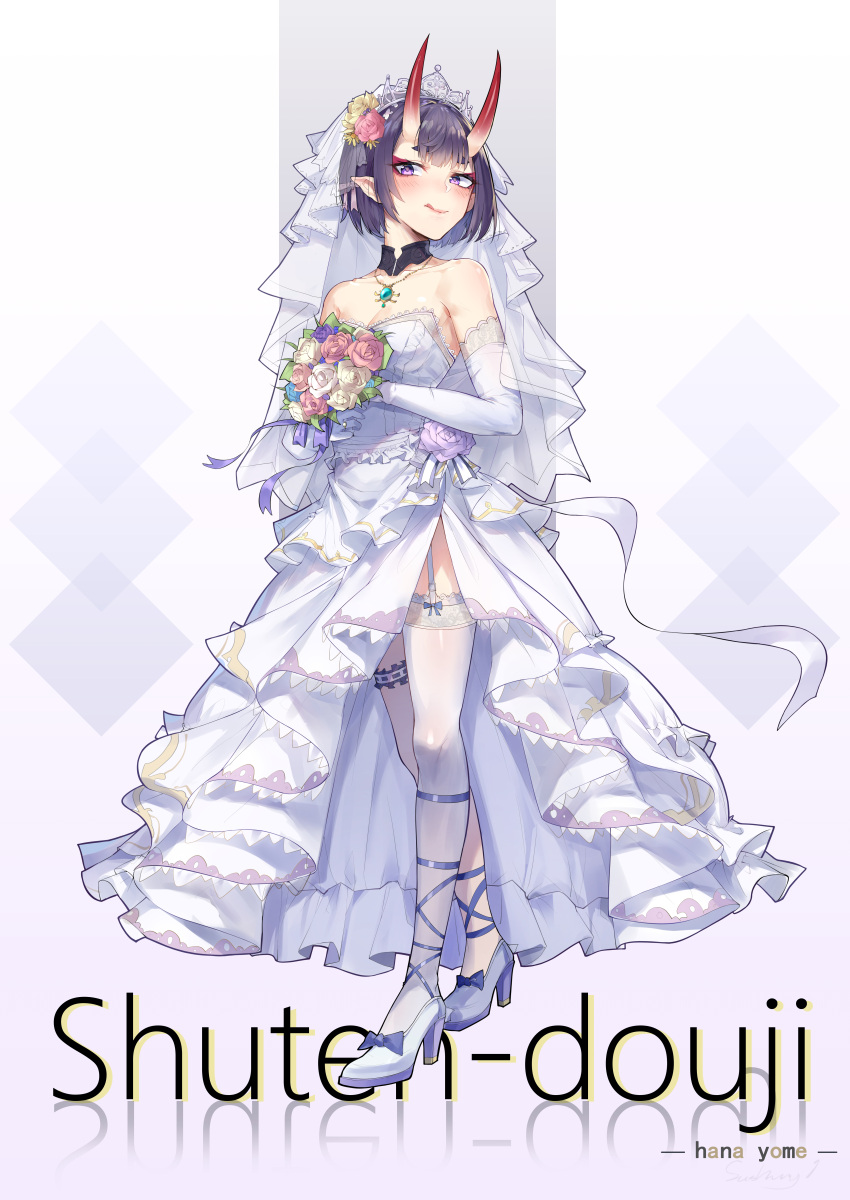 1girl :q absurdres bangs bare_shoulders black_choker blue_bow blue_footwear blush bob_cut bouquet bow breasts bridal_veil bride character_name choker closed_mouth dress elbow_gloves eyeliner fang fang_out fate/grand_order fate_(series) flower full_body garter_straps gloves hair_flower hair_ornament high_heels highres horns jewelry kaer_sasi_dianxia leg_garter lips looking_at_viewer makeup necklace oni oni_horns purple_hair ring short_eyebrows short_hair shuten_douji_(fate/grand_order) simple_background single_thighhigh skin-covered_horns small_breasts smile solo standing thigh-highs tiara tongue tongue_out veil violet_eyes wedding_dress wedding_ring white_dress white_gloves white_legwear