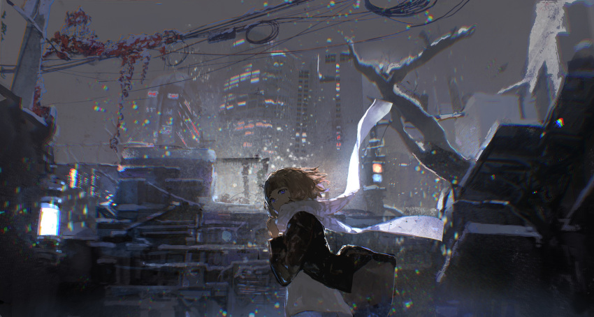 1girl absurdres black_jacket blue_eyes brown_hair building chromatic_aberration city commentary english_commentary highres jacket leaning_forward lobelia_(saclia) long_sleeves night original power_lines scarf short_hair snowing solo white_scarf winter
