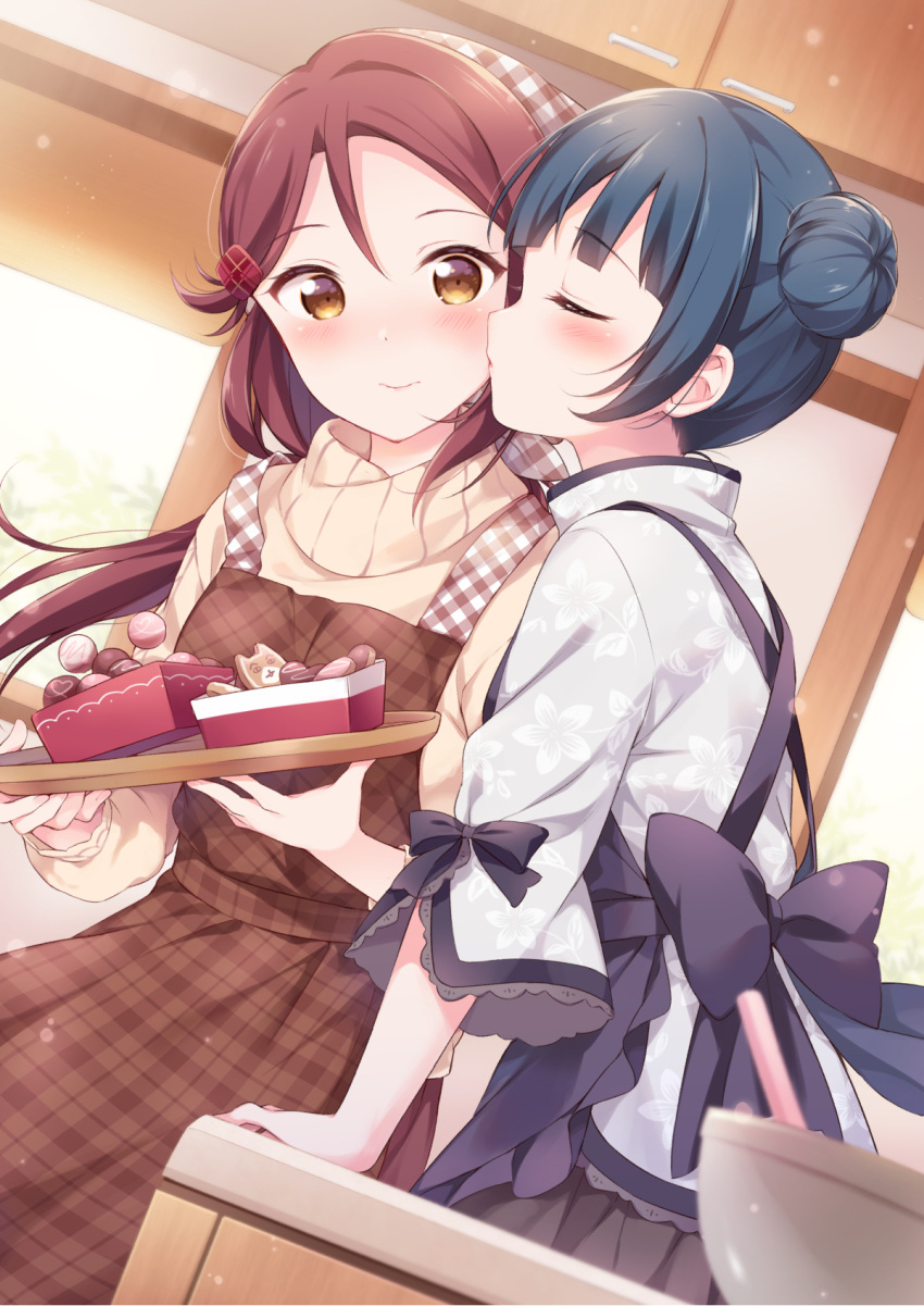 2girls apron bangs blue_hair blush brown_apron cheek_kiss chocolate closed_eyes commentary_request dutch_angle floral_print hair_ornament hair_up hairclip hazuki_(sutasuta) head_scarf highres holding holding_tray indoors kiss long_sleeves love_live! love_live!_sunshine!! mixing_bowl multiple_girls plaid plaid_apron print_blouse redhead sakurauchi_riko shirt side_bun smile tray tsushima_yoshiko valentine yellow_eyes yellow_shirt yuri