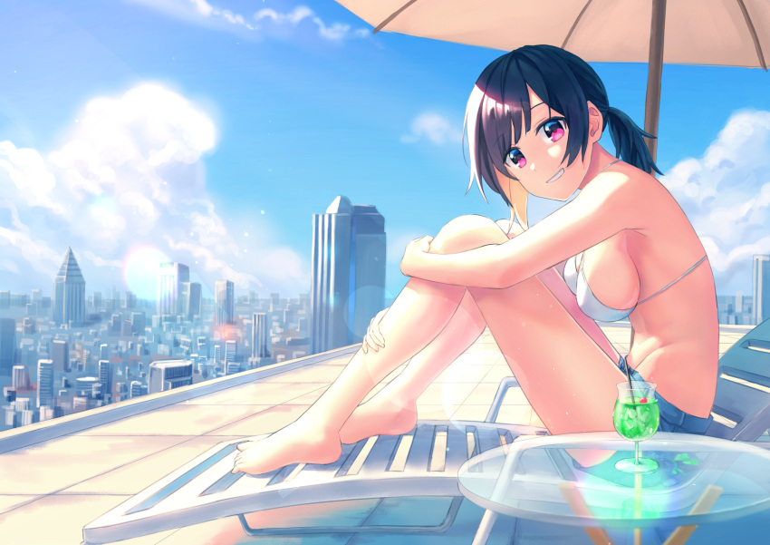 1girl armpits bangs bare_arms bare_legs bare_shoulders barefoot beach_umbrella bikini_top blue_shorts blue_sky breasts building cherry city clouds cup day deck_chair denim denim_shorts drink drinking_glass food from_side fruit full_body glass_table grin highres knees_up kurageso lens_flare looking_at_viewer looking_to_the_side low_ponytail medium_breasts multicolored_hair orange_hair original outdoors parted_lips pink_eyes rooftop short_shorts shorts sideboob sitting sky smile sunlight swimsuit table two-tone_hair umbrella white_bikini_top