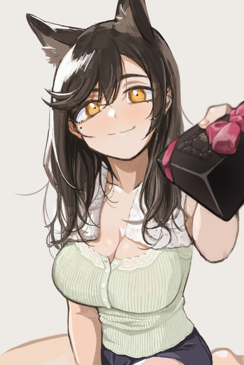 1girl animal_ear_fluff animal_ears atago_(azur_lane) azur_lane black_hair box breasts casual commentary_request dog_ears extra_ears geso_smith gift gift_box giving grey_background highres large_breasts light_brown_eyes long_hair mole mole_under_eye simple_background smile solo valentine