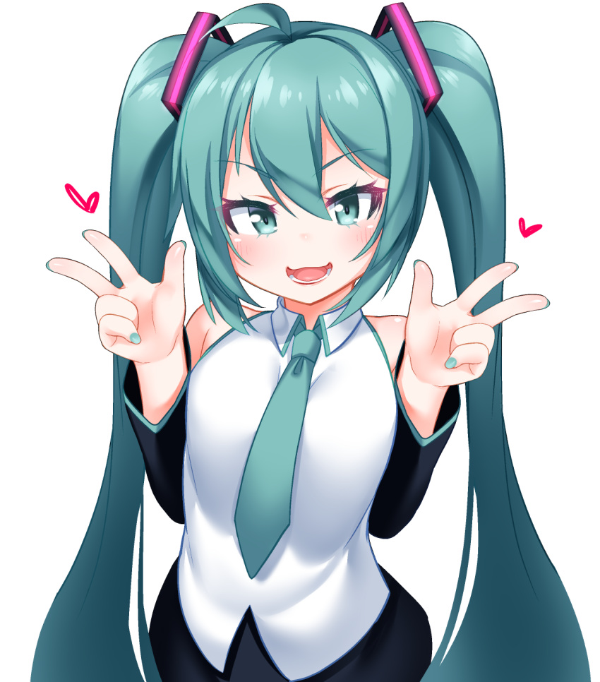 1girl :d ahoge bangs bare_shoulders black_skirt black_sleeves breasts collared_shirt detached_sleeves double_w eyebrows_visible_through_hair glowing green_eyes green_hair green_nails green_neckwear hair_between_eyes hair_ornament hands_up hatsune_miku heart highres kirisame_mia long_hair long_sleeves looking_at_viewer nail_polish necktie open_mouth shirt sidelocks simple_background skirt sleeveless sleeveless_shirt small_breasts smile solo twintails very_long_hair vocaloid w white_background white_shirt
