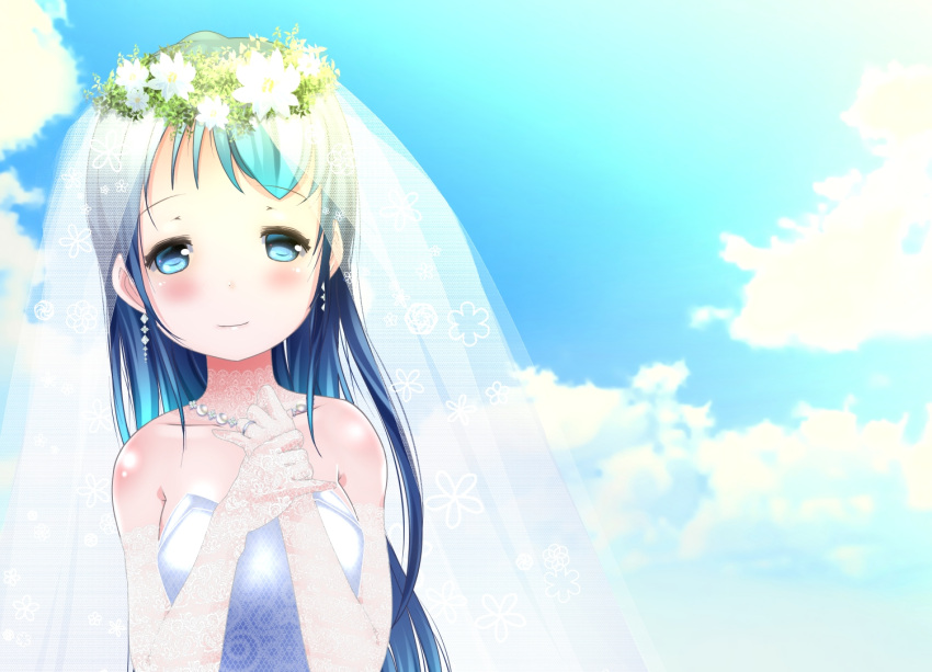 1girl bangs bare_shoulders blue_eyes blue_hair blush bridal_veil clouds cloudy_sky collared_dress commentary_request dress earrings elbow_gloves flower_wreath gloves hands_together jewelry kantai_collection lace lace_gloves long_hair looking_at_viewer necklace ring samidare_(kantai_collection) sky sleeveless sleeveless_dress smile solo swept_bangs veil very_long_hair wedding_band wedding_dress yamaneko_suzume