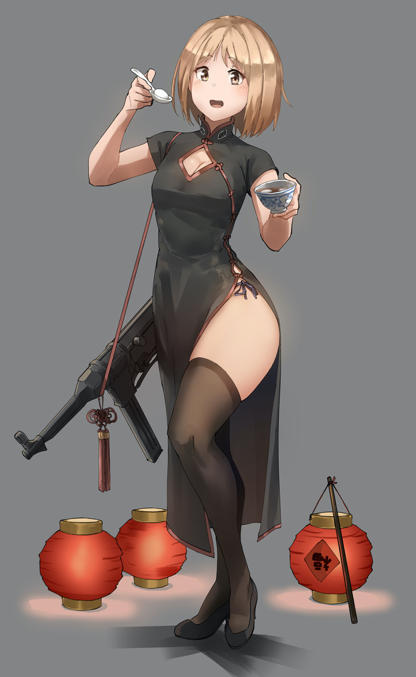 1girl black_panties blonde_hair blush breasts china_dress chinese_clothes cleavage_cutout cup dress eyebrows_visible_through_hair full_body girls_frontline grey_background gun highres lantern looking_at_viewer mp40 mp40_(girls_frontline) panties side-tie_panties side_slit simple_background skindentation small_breasts solo spoon submachine_gun teacup thigh-highs thighs triangle_bullet underwear weapon yellow_eyes