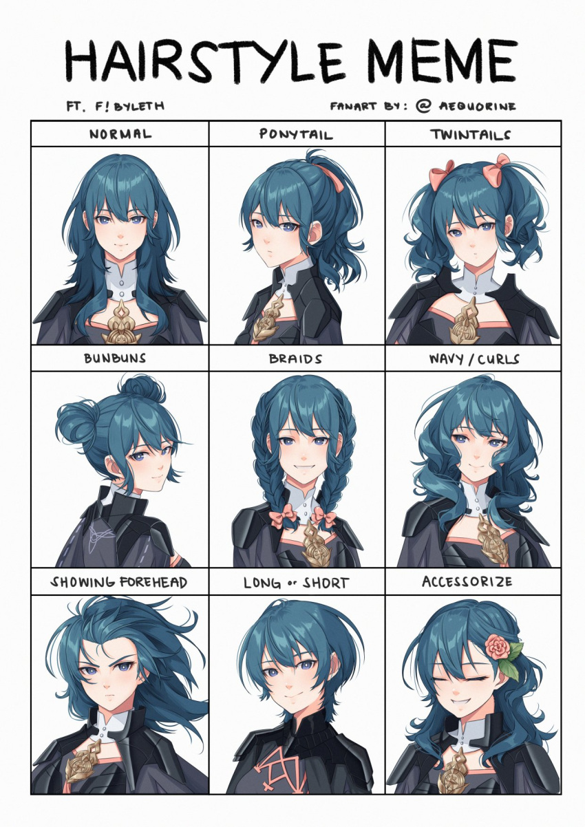 1girl aequorine blush braid byleth_(fire_emblem) byleth_eisner_(female) cape double_bun english_text fire_emblem fire_emblem:_three_houses flower forehead green_eyes green_hair hair_flower hair_ornament highres long_hair looking_at_viewer multiple_views ponytail short_hair smile twin_braids twintails upper_body wavy_hair white_background