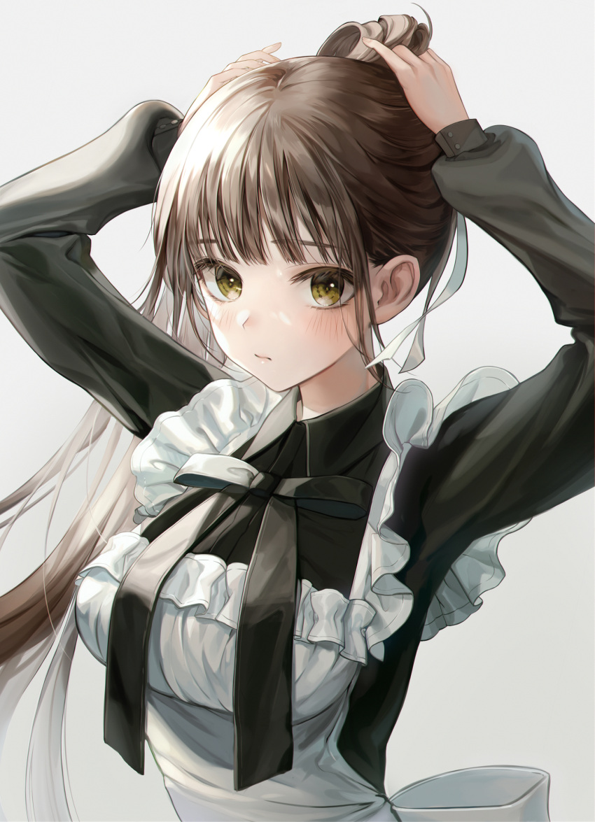 1girl adjusting_hair apron arms_up bangs black_dress black_neckwear blush breasts brown_hair closed_mouth dress eyebrows_visible_through_hair frilled_apron frills green_eyes grey_background hair_ribbon highres large_breasts long_hair long_sleeves maid minncn original ponytail ribbon simple_background solo upper_body white_apron