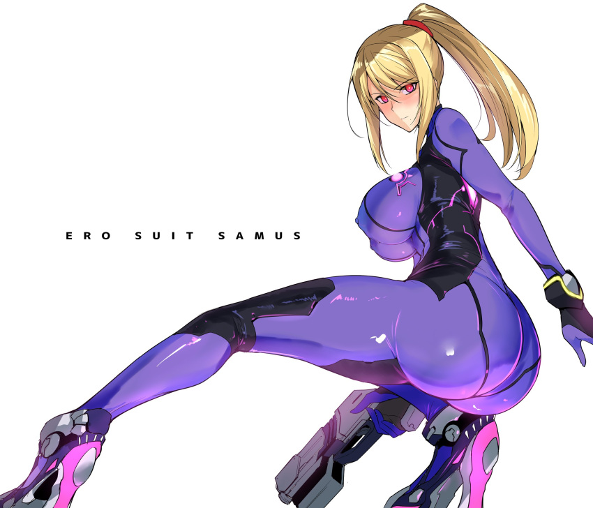 1girl alternate_color ass bangs blonde_hair blue_bodysuit blush bodysuit breasts character_name closed_mouth commentary_request hair_ornament hair_scrunchie harukon_(halcon) high_heels highres holding holding_weapon large_breasts legs long_hair looking_at_viewer metroid mole mole_under_mouth neon_trim paralyzer ponytail samus_aran scrunchie shiny shiny_clothes shiny_hair sidelocks simple_background skin_tight solo super_smash_bros. swept_bangs weapon white_background zero_suit