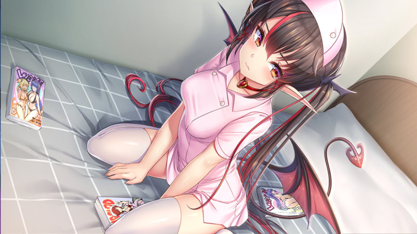 1girl akasaai black_hair breasts choker closed_mouth collared_shirt demon_girl demon_tail demon_wings double-breasted hair_ornament hat long_hair looking_at_viewer lovelia magazine medium_breasts multicolored_hair nurse nurse_cap official_art on_bed orange_eyes pillow pointy_ears shirt solo streaked_hair succubus tail thigh-highs troubledays twintails very_long_hair white_legwear white_shirt wings zettai_ryouiki